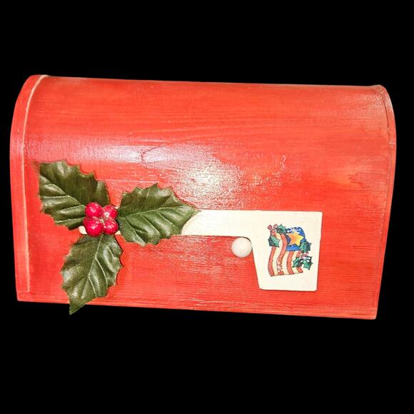 Handmade Wooden Christmas Mailbox Decoration Red Holiday Holly Flag Snowflake - Picture 1 of 7